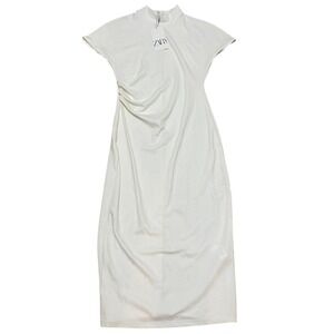 ZARA‎ White Pull Over Mock Neck Ruched Side Midi Dress Women's Large Classy NWT